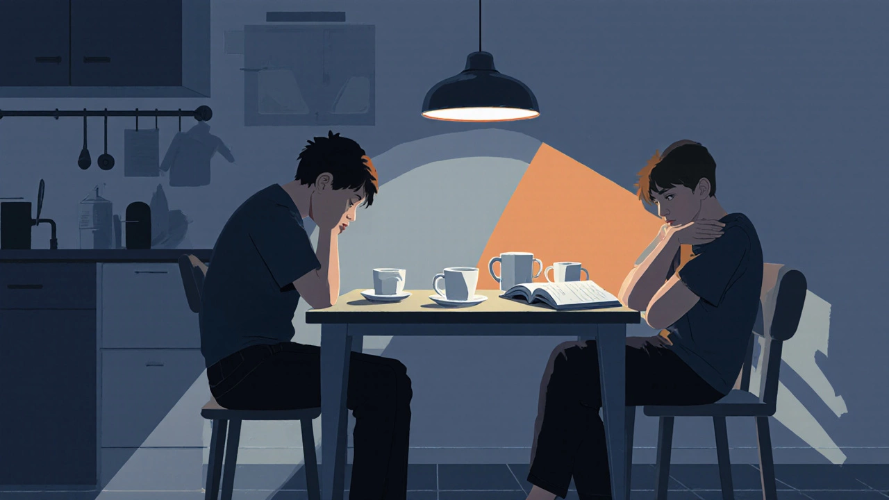 A young volunteer listening attentively to a teenager in a quiet, dimly lit community center, no words needed.