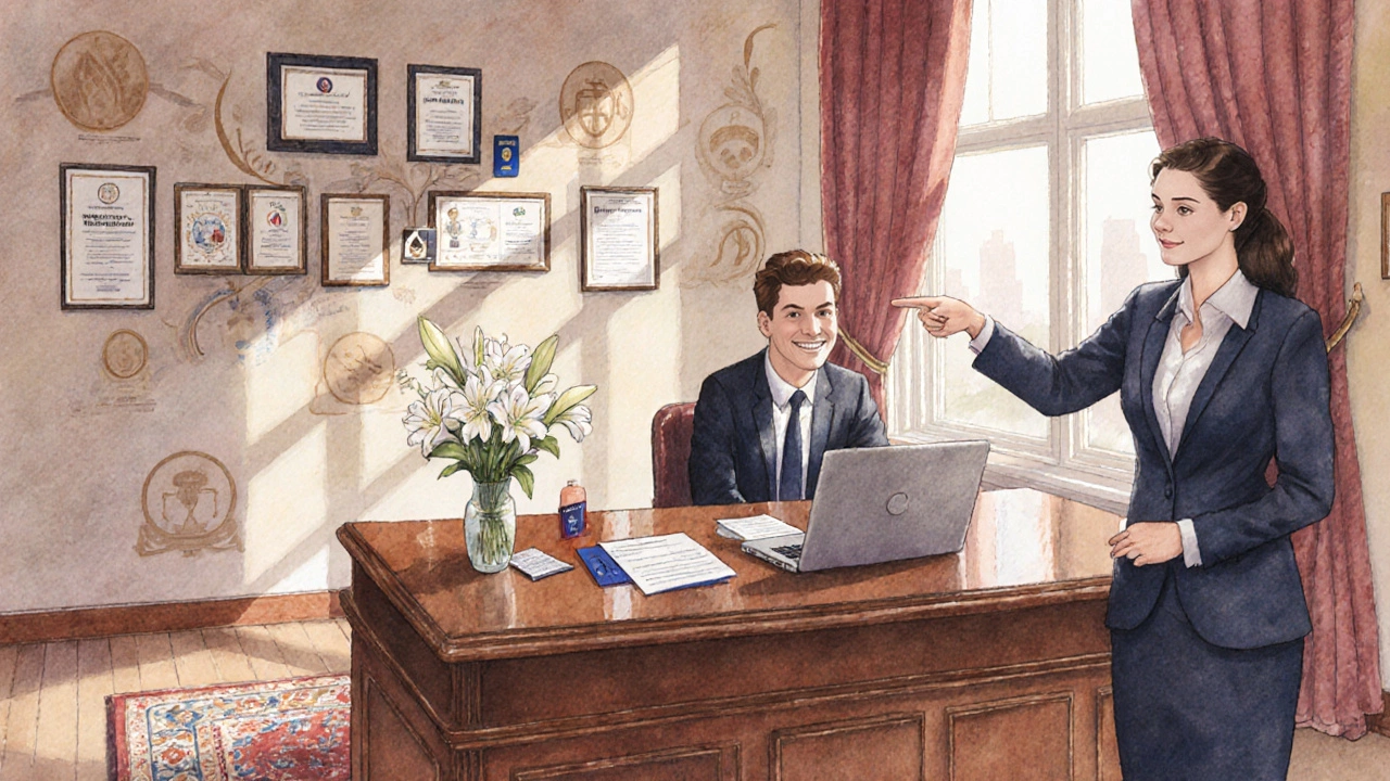 Applicant filling out membership forms at a desk with ID, bill, and club concierge nearby.