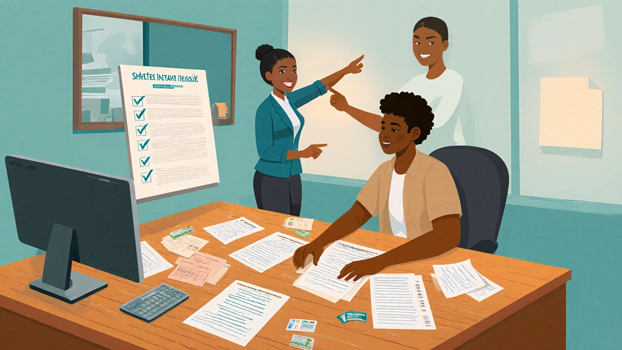 Applicant submits key documents at a community housing office desk.