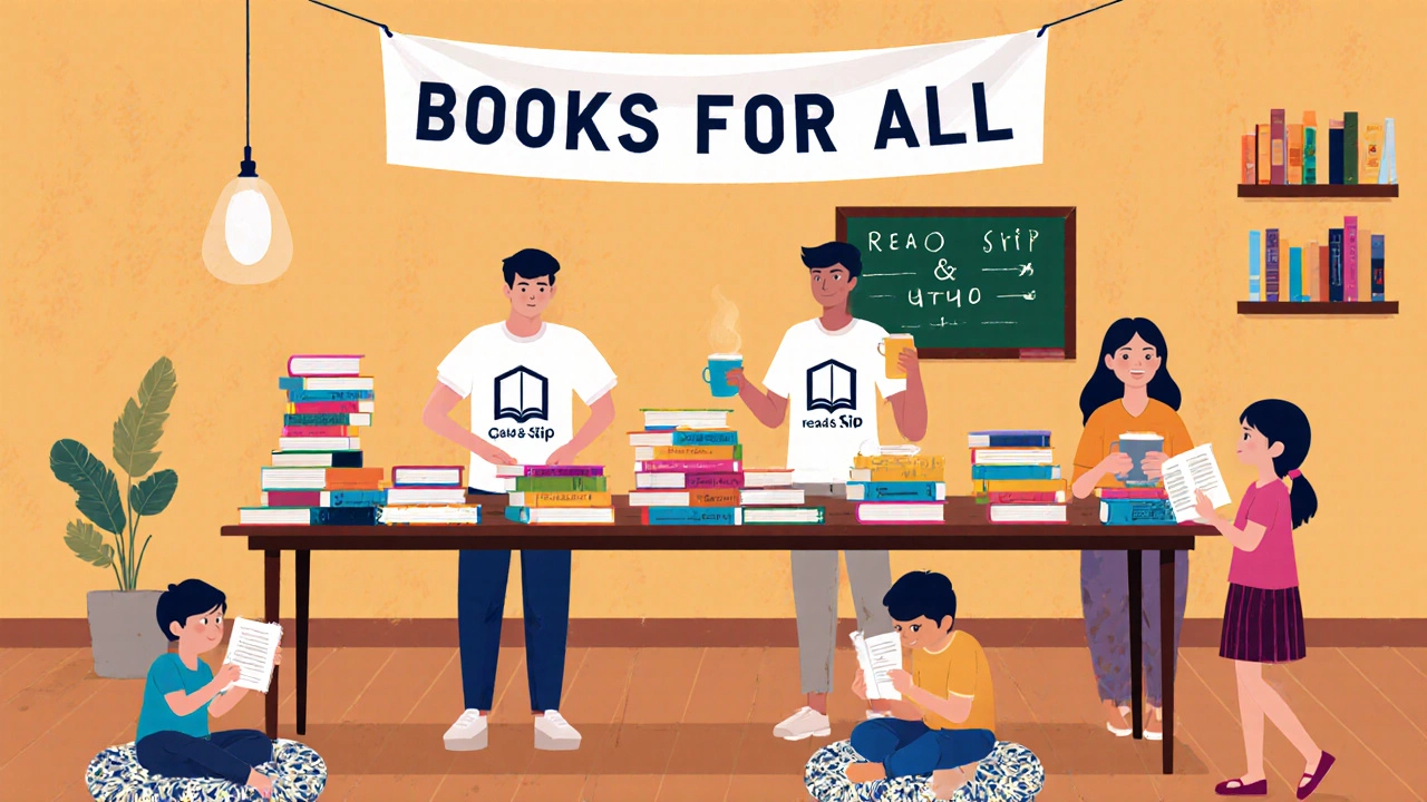 Cafe book swap event with volunteers, patrons, and stacked books.