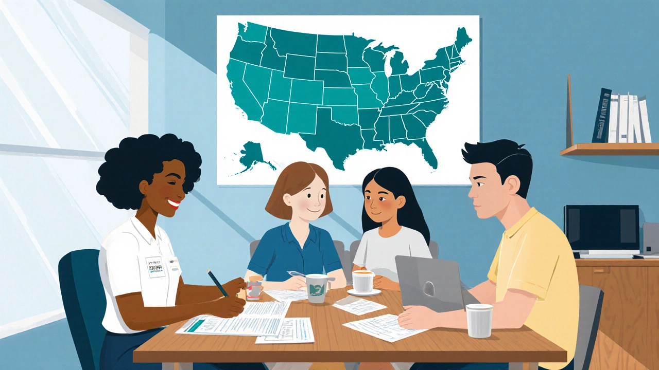 Census worker interviewing a mixed‑race family in an office with a US map.