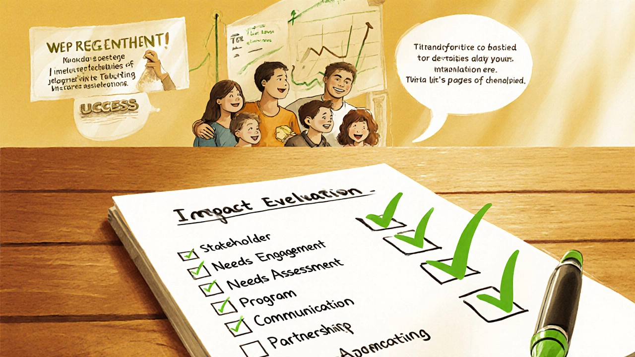 Checklist with tick marks beside images of happy families and rising impact graph.