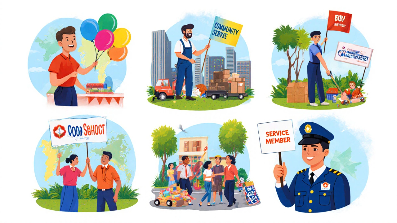 Collage illustration of a helper, community servant, philanthropist, activist, good Samaritan, and service member volunteering.