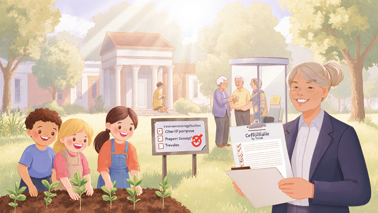 Community garden scene showing beneficiaries receiving benefits from a charitable trust.