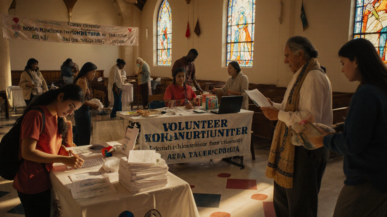 Community outreach event with bilingual flyers, vouchers, and volunteers of many races.