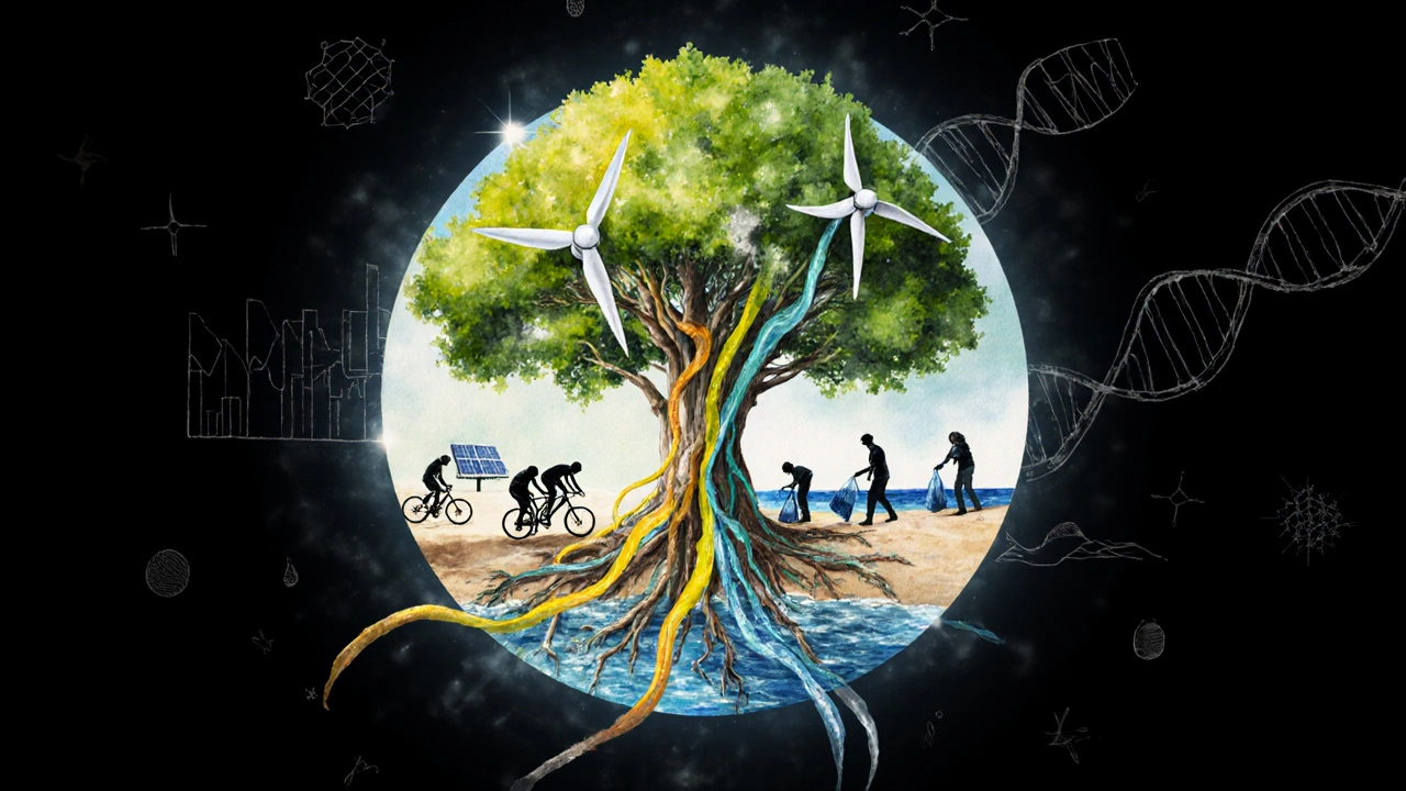 Conceptual collage of a tree turning into turbines, solar panels, and water filters, surrounded by people planting and cleaning.