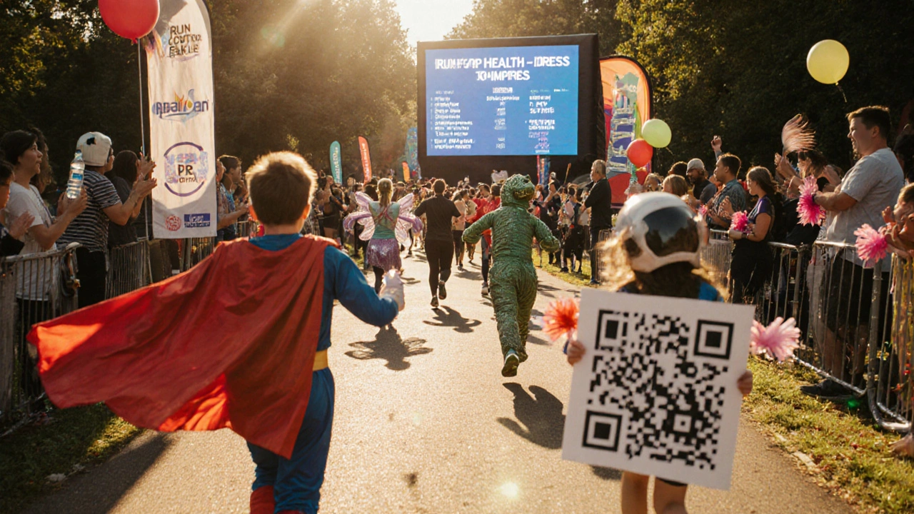 Costume‑themed charity run with colorful participants, digital leaderboard, and cheering spectators.