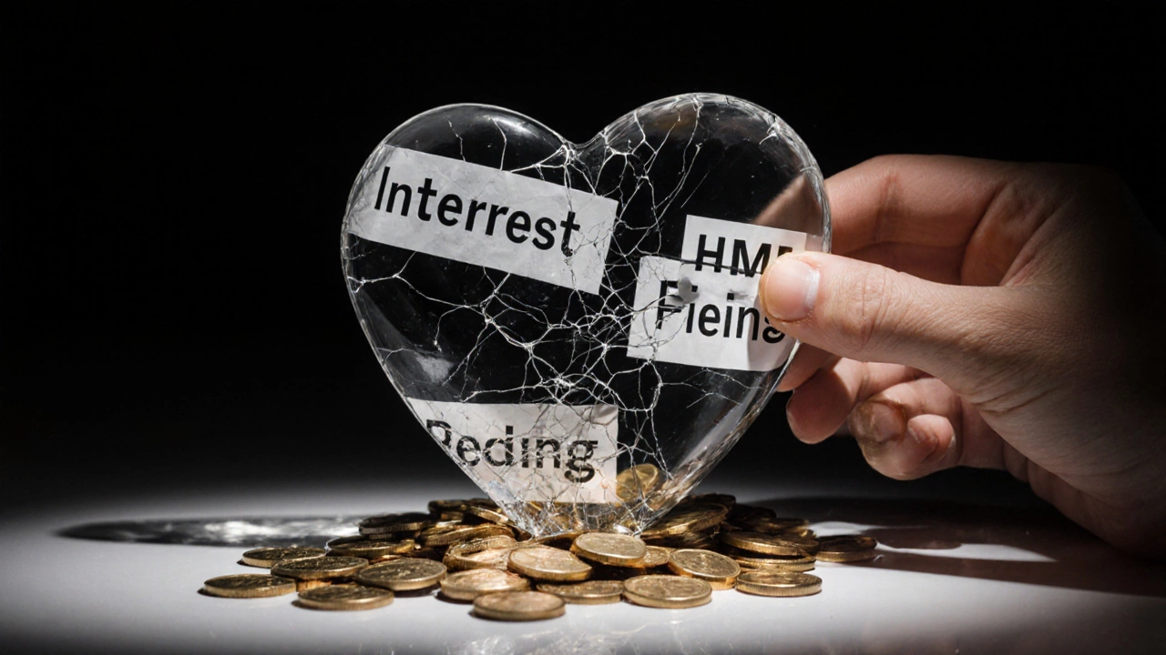 Cracked glass heart sculpture leaking coins, being repaired with tape labeled 'HMRC Filing'.