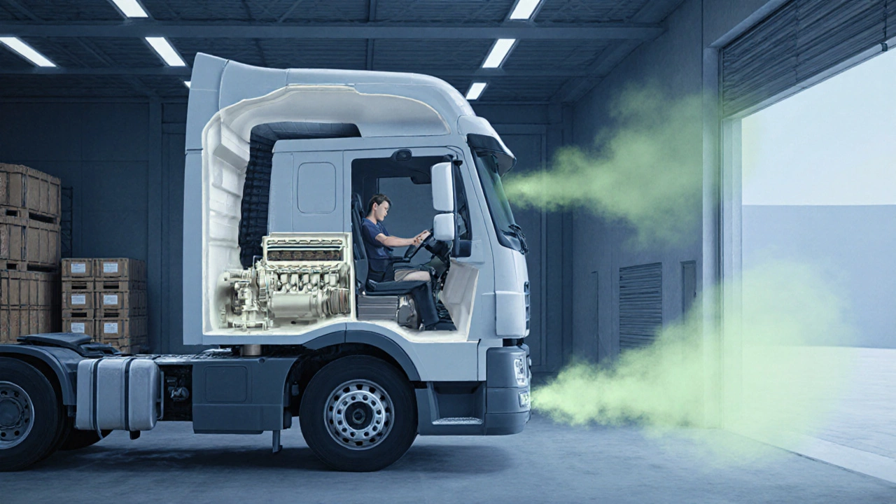 Cross‑section illustration of a diesel engine idling with carbon monoxide mist entering the cabin.