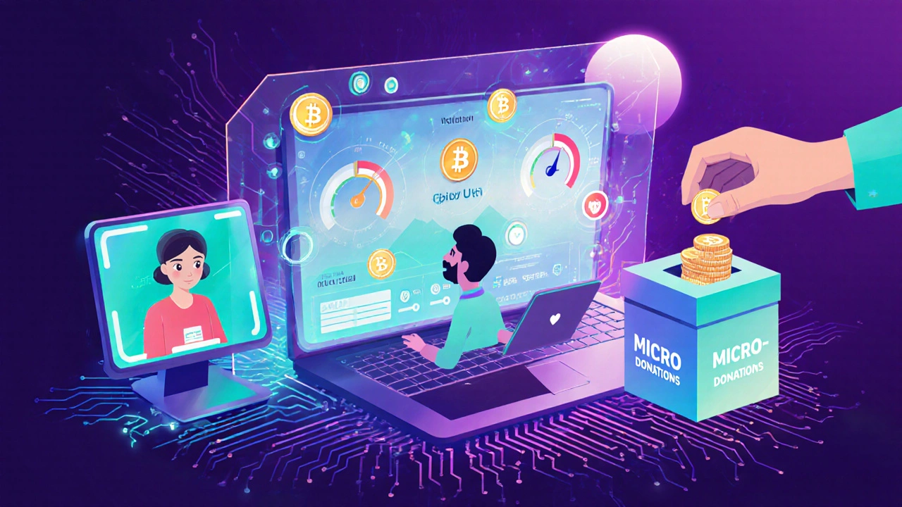 Digital illustration of a laptop dashboard with crypto, micro‑donations, impact goals, and virtual volunteering elements.