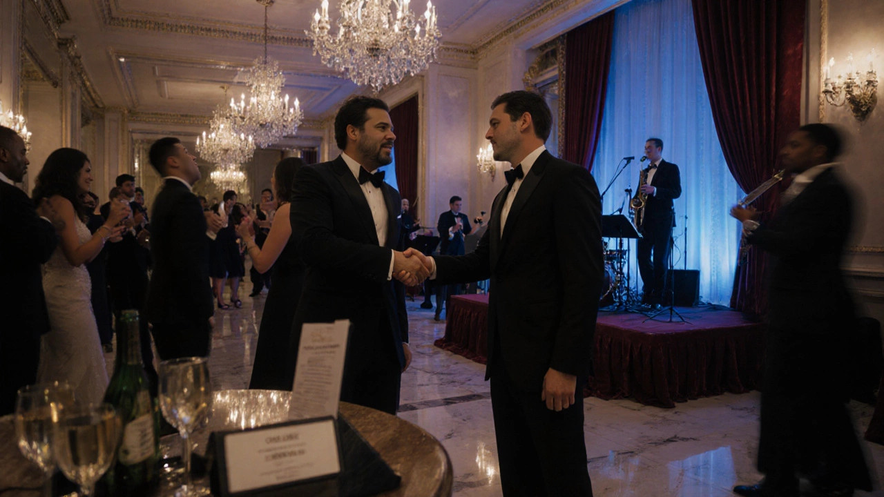 Elegant evening event in a ballroom with guests, jazz trio, and a newcomer receiving a welcome.