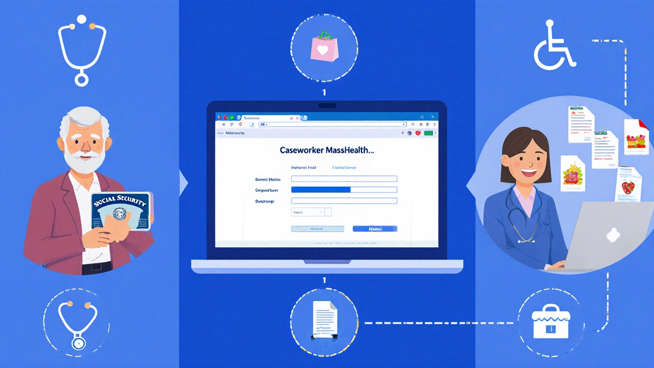 Flat‑design timeline showing senior applying for MassHealth via laptop and video call.