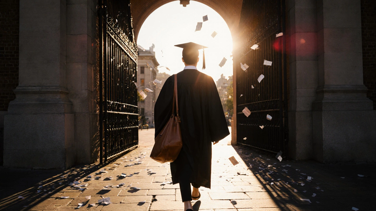 Graduate in cap and gown walking through Harvard gates at sunrise with floating papers.