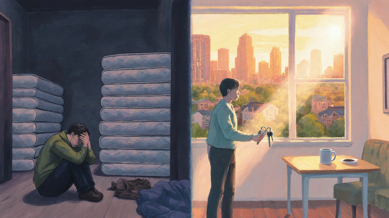 Illustration comparing cramped shelter to a bright new flat showing Housing First impact.