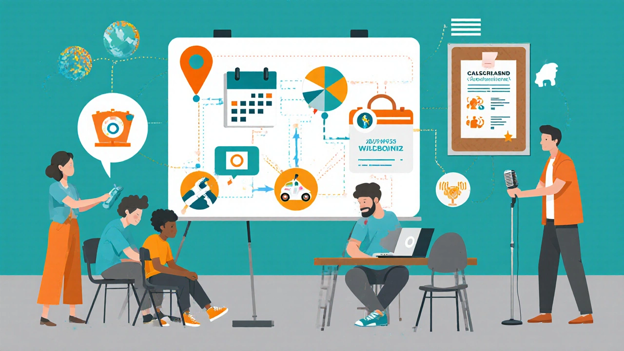 Illustration of program design flowchart with social media, flyer, and radio icons.