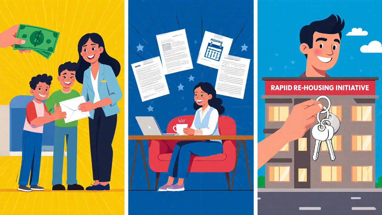 Illustration showing a family receiving aid, a counseling session, and a new housing key handover.