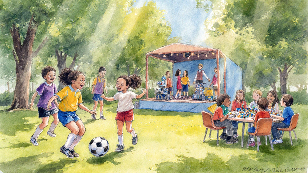 Kids playing soccer, rehearsing drama, and building robots in a park.
