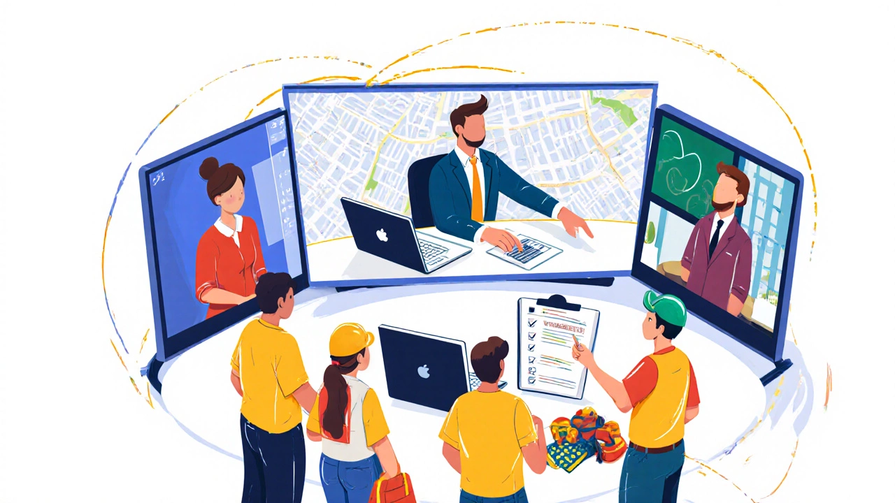 Leader hosting a virtual round‑table with council, school and corporate partners.