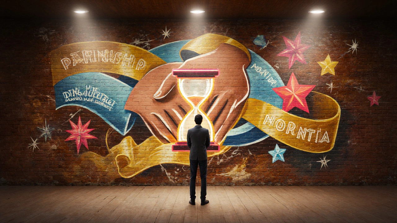Leader standing before a mural of abstract icons for partnerships, volunteer hours, grants, and satisfaction.