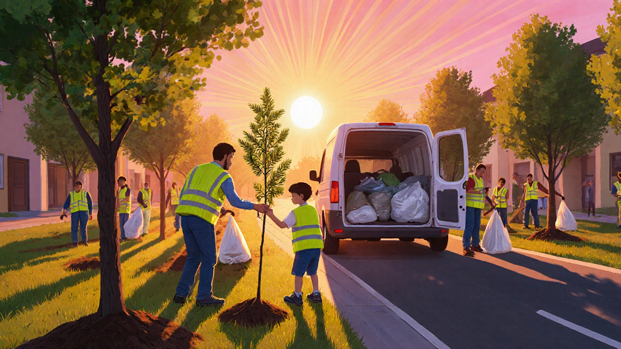 Neighborhood clean‑up and tree‑planting event at sunrise with volunteers working together.