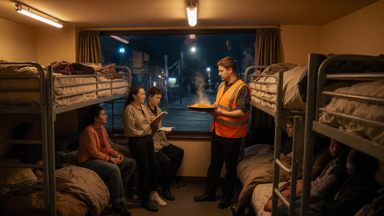 Night interior of an emergency shelter with volunteers serving meals.
