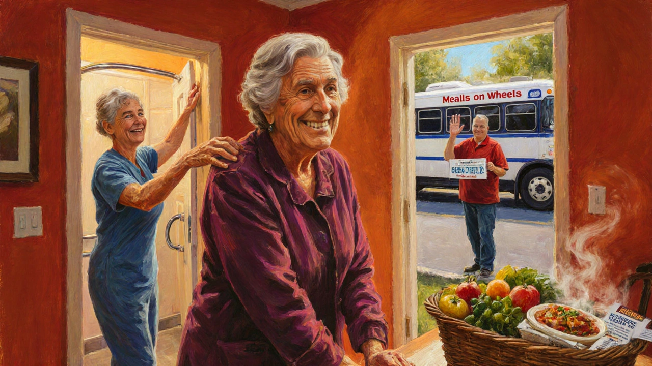 Oil painting of Mary receiving home aide, grab bar, shuttle, and Meals on Wheels delivery.