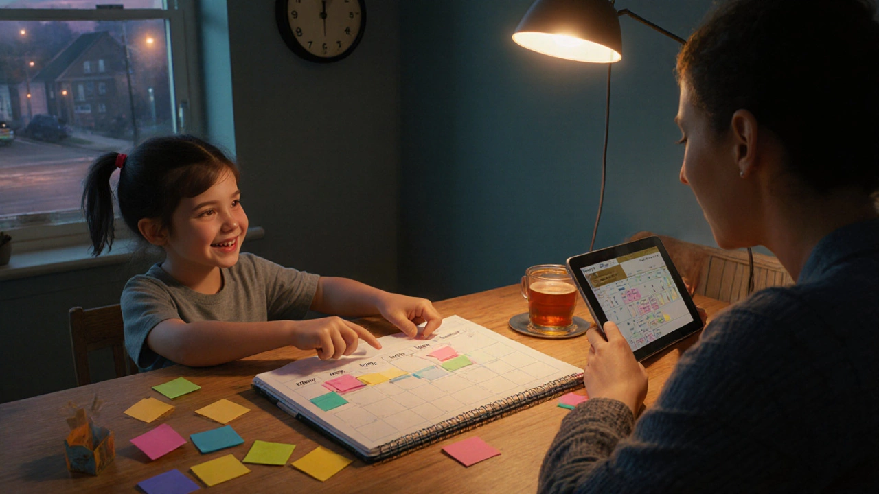 Parent and child planning a balanced weekly activity schedule at home.