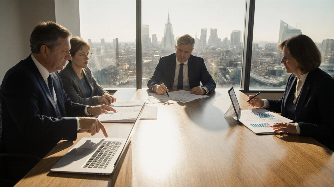 Photorealistic boardroom with trustees reviewing trust documents and financial reports.