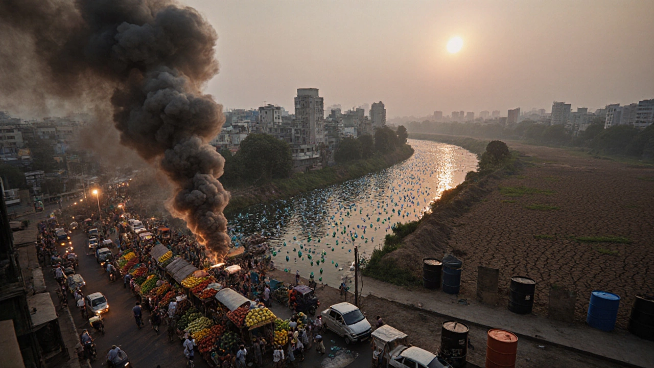 Photorealistic Indian city street with heavy traffic smoke, polluted river with plastic, and cracked farmland indicating pollution.