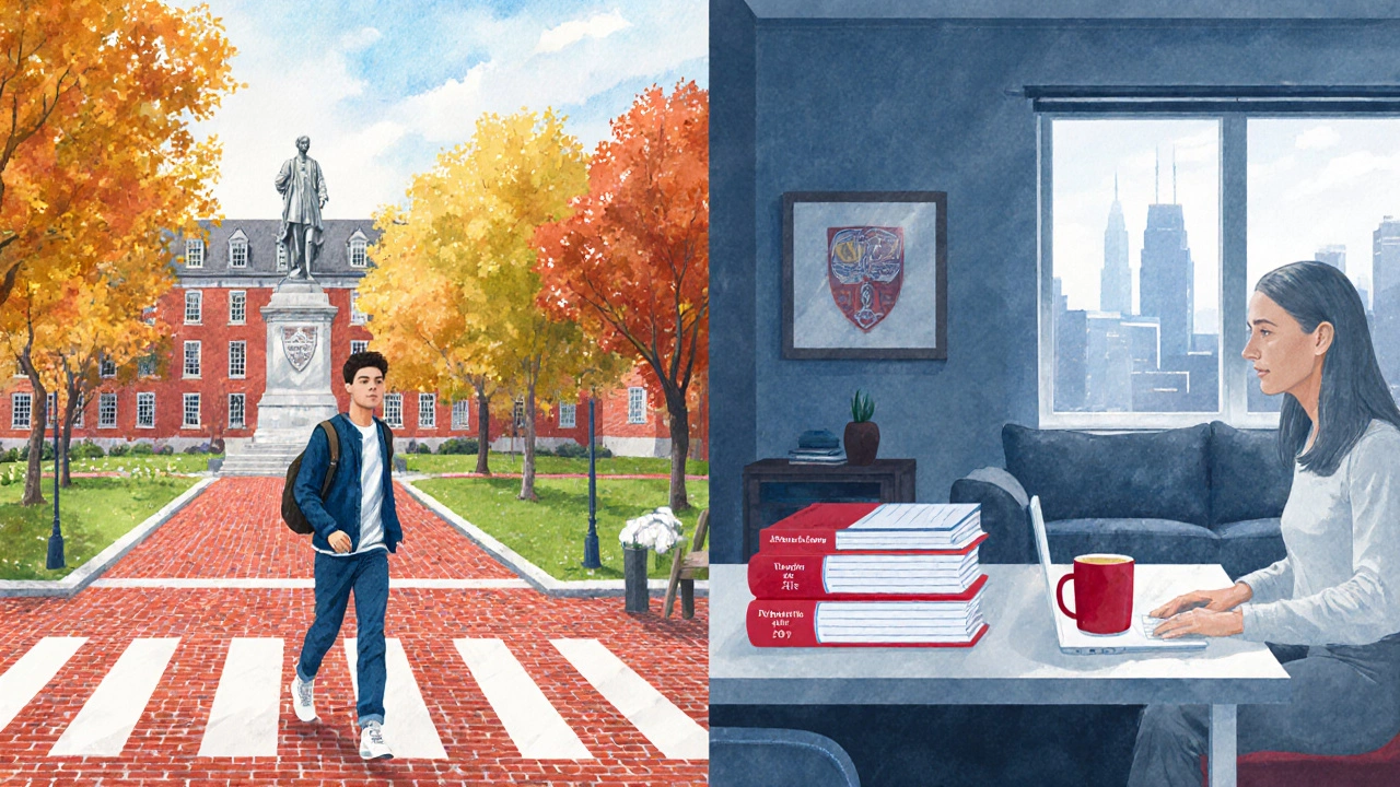Split illustration showing a traditional Harvard student in Yard versus an adult learner at a laptop.