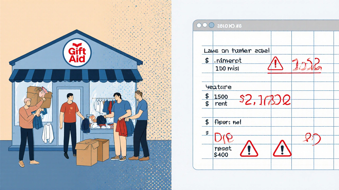 Split image: charity shop on left, taxable income spreadsheet on right, warning icons over rent and sales.
