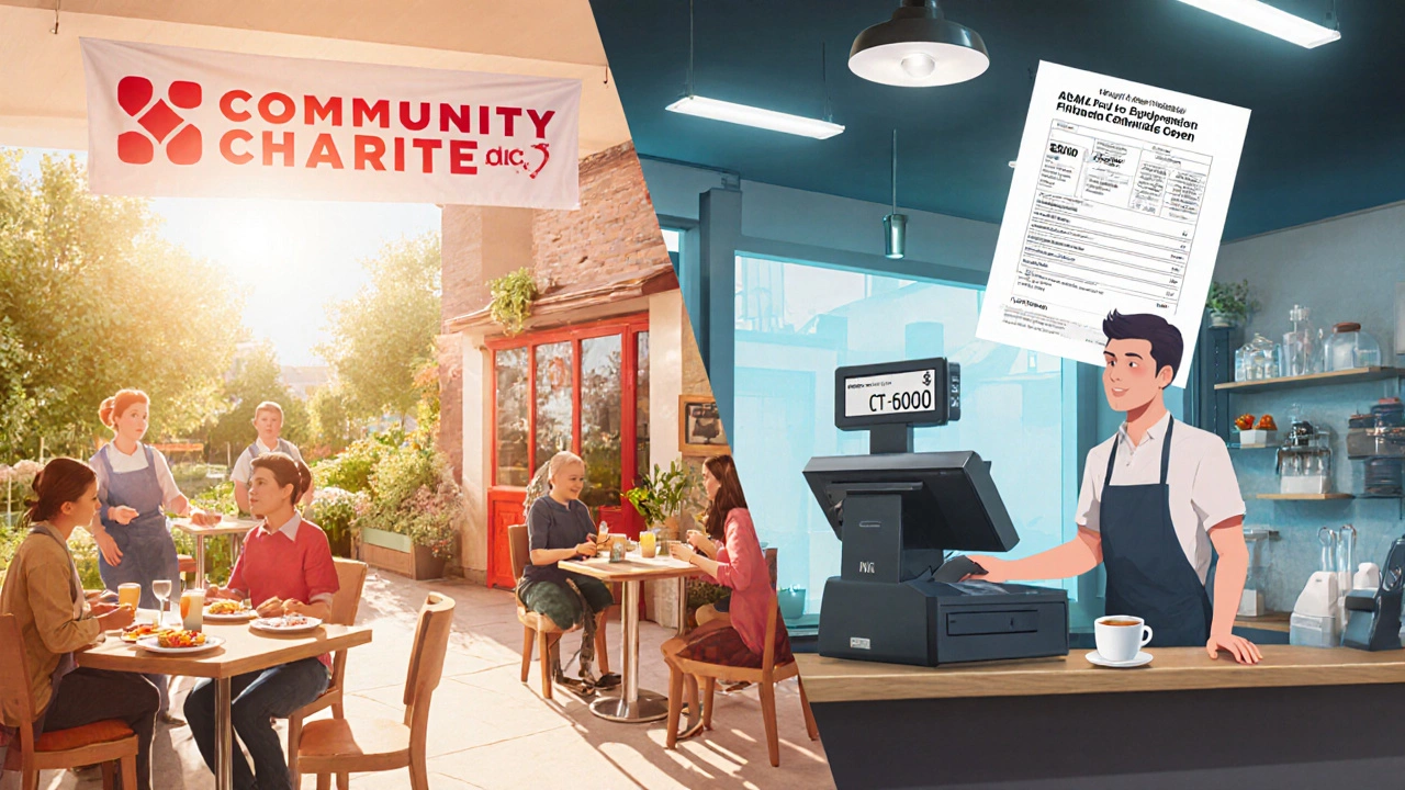 Split scene showing community centre on left and café with tax forms on right.