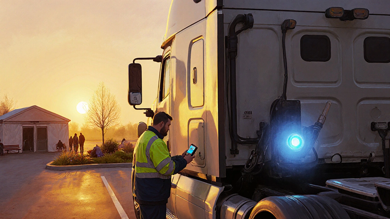 Sunrise scene of a truck with an auxiliary power unit parked near a homeless shelter, driver checking a CO detector.