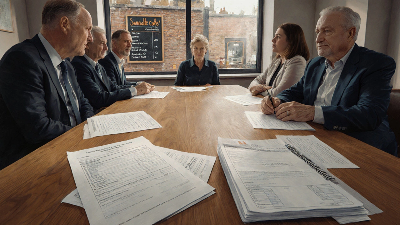 Trustees reviewing charity and tax paperwork with café visible through window.