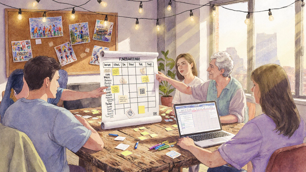 Volunteer team planning fundraiser around a table with notes, timeline poster, and event photos.