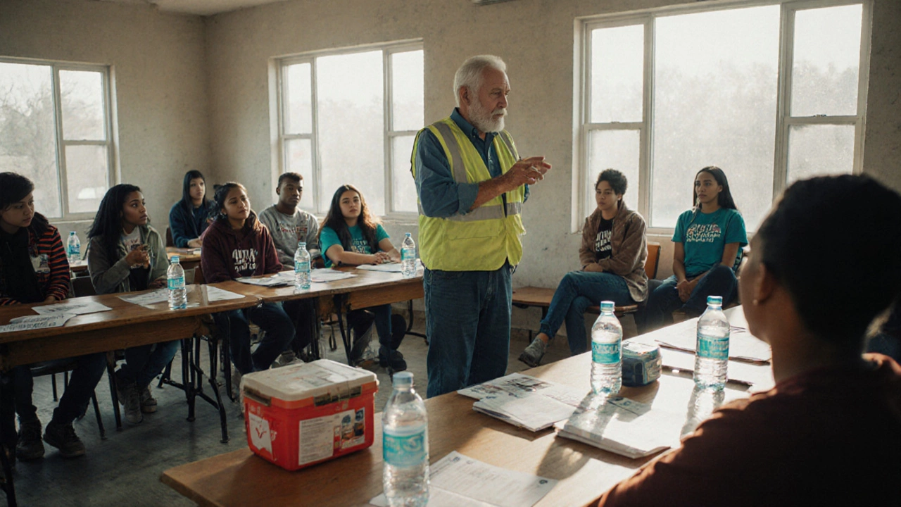 Volunteer training session in a community center with diverse participants listening.