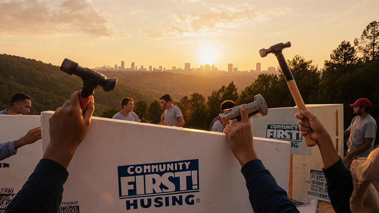 Volunteers building affordable housing at sunrise with Arkansas countryside background.