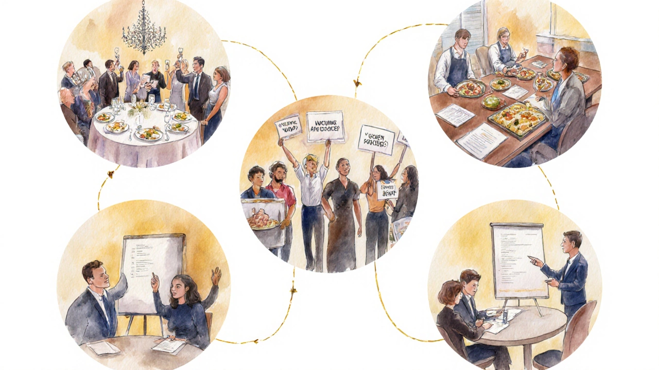 Watercolor collage of gala dinner, soup kitchen, protest rally, grant board, and workshop.