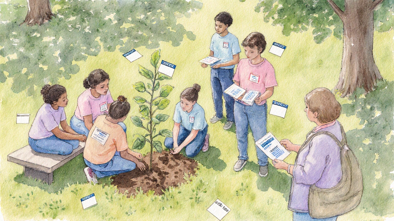 Watercolor of volunteers planting trees, a mentor guiding a teen, and an ambassador handing out flyers in a park.