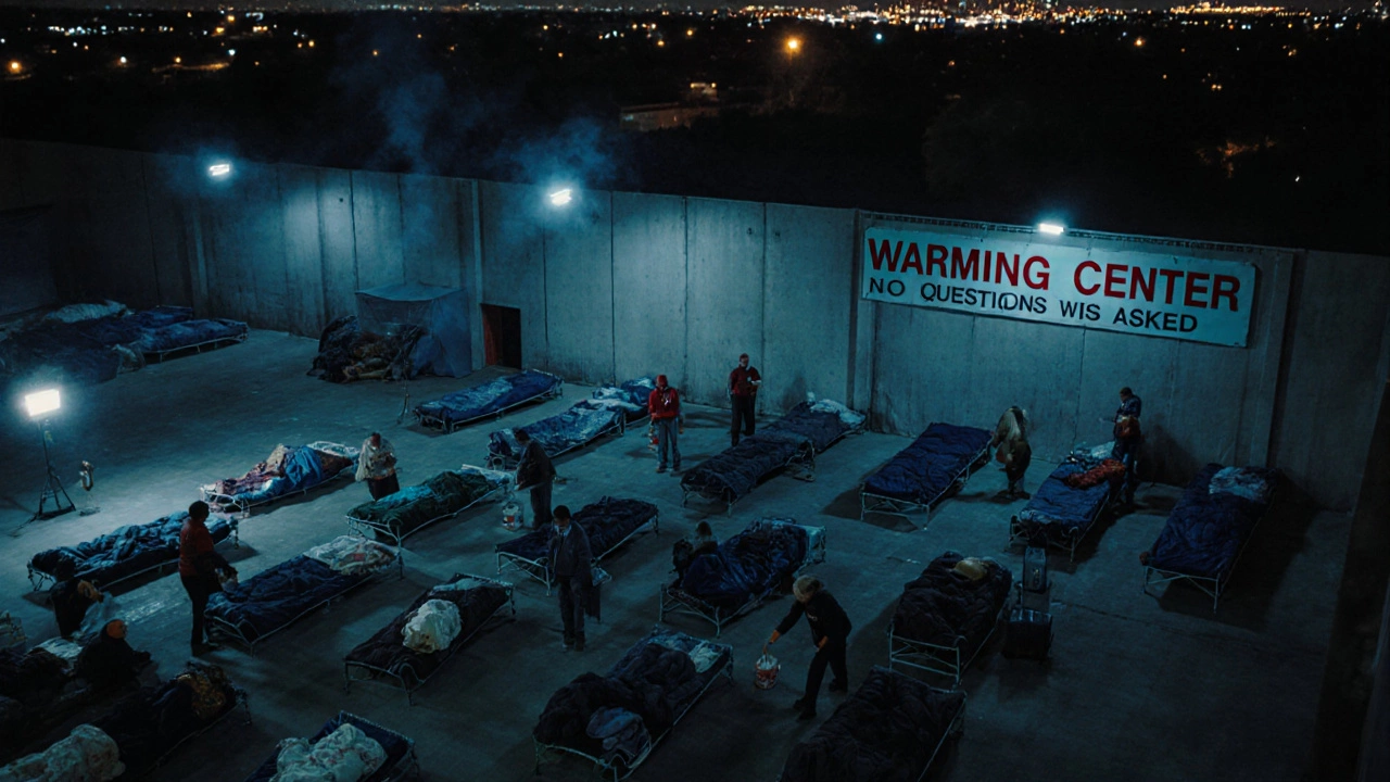 A crowded emergency shelter at night with volunteers serving meals under dim lights.