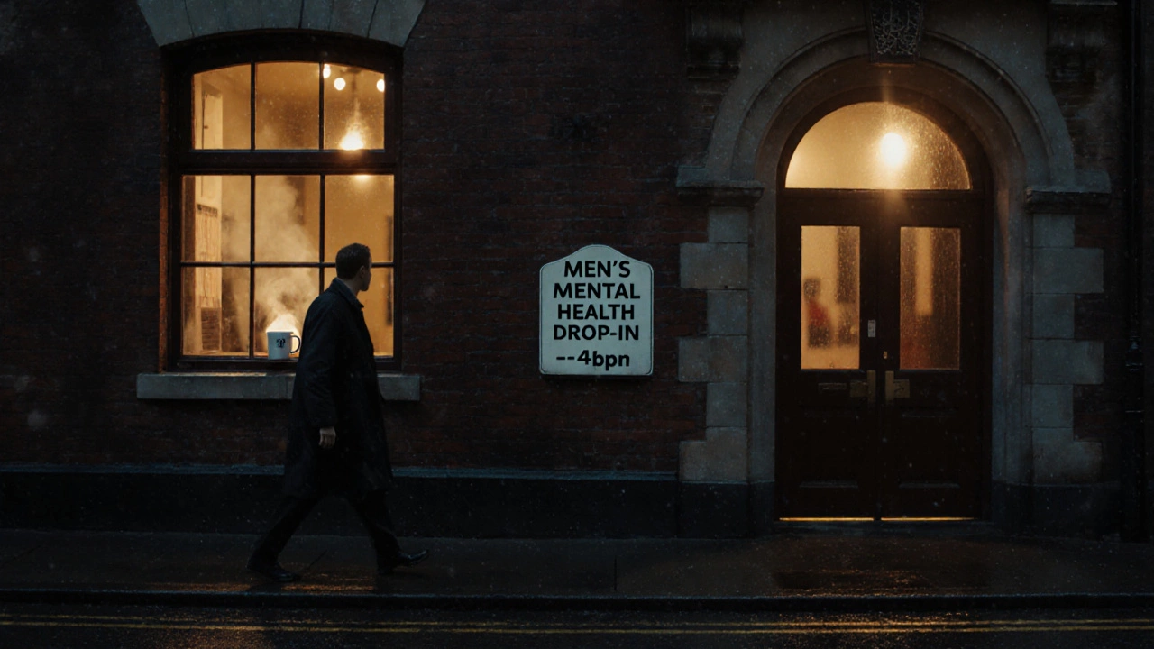A person walks toward a warmly lit community building at dusk, hinting at a mental health drop-in.