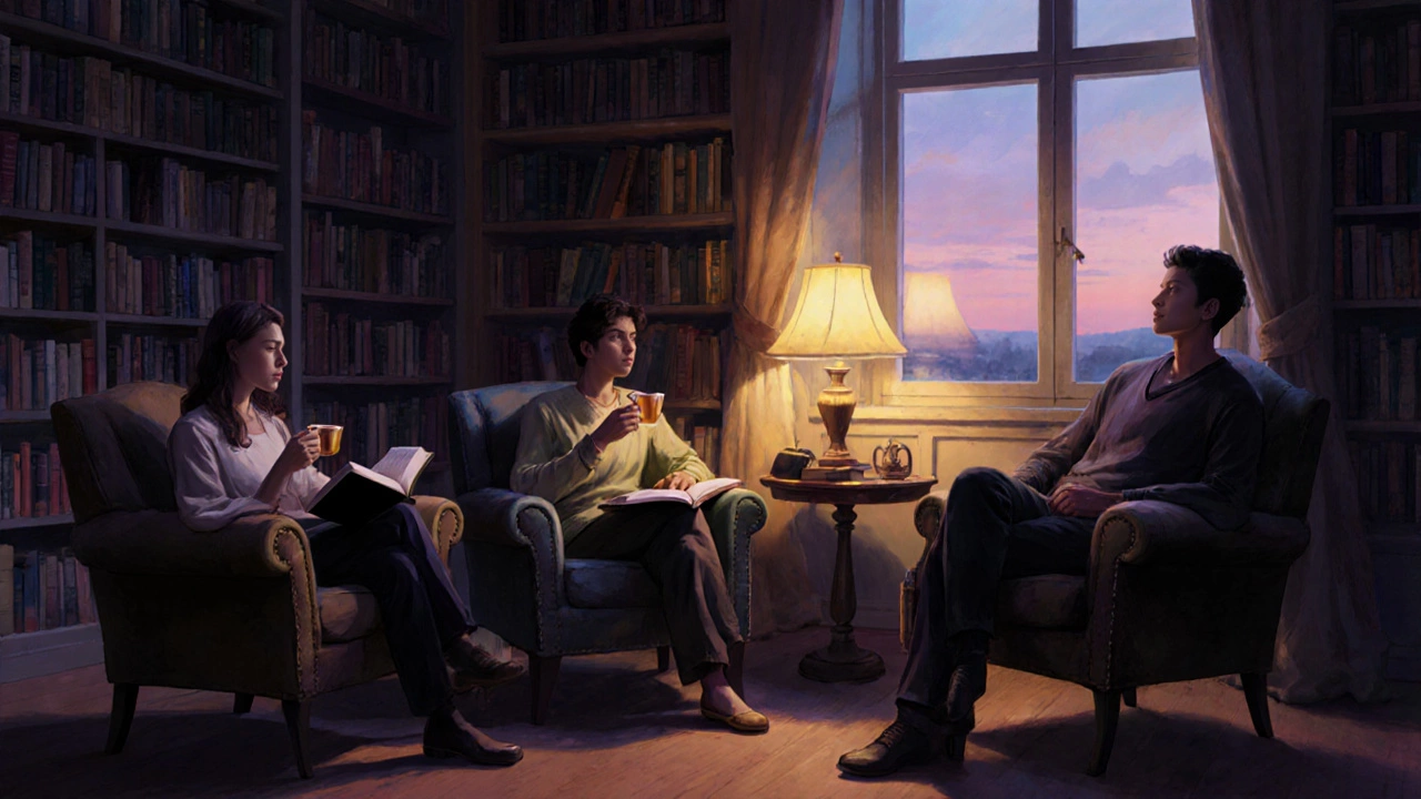 A quiet book club gathered in a cozy library corner at dusk.