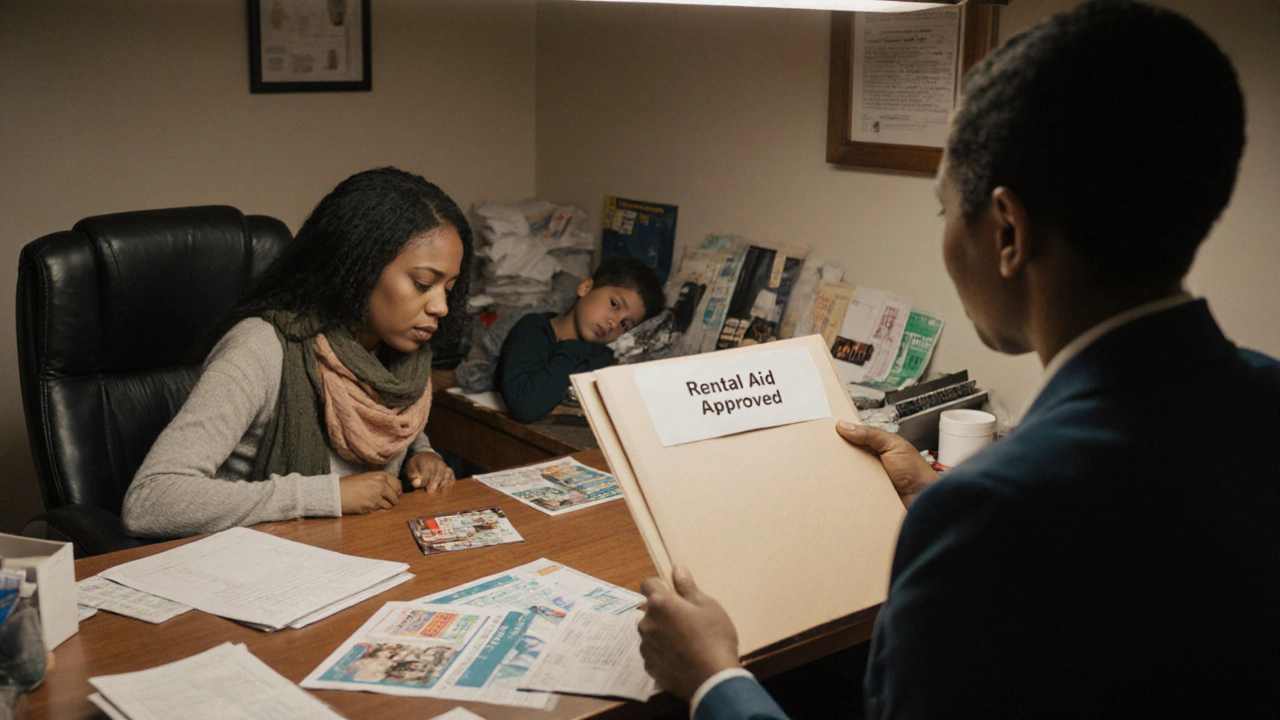 A social worker gives a mother approved rental aid while her child sleeps nearby.