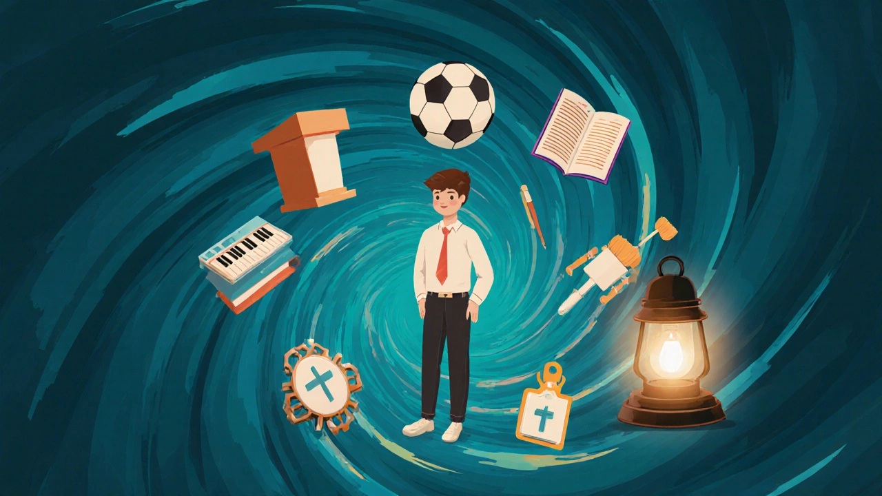 A teen surrounded by floating icons representing ten overwhelming extracurriculars.