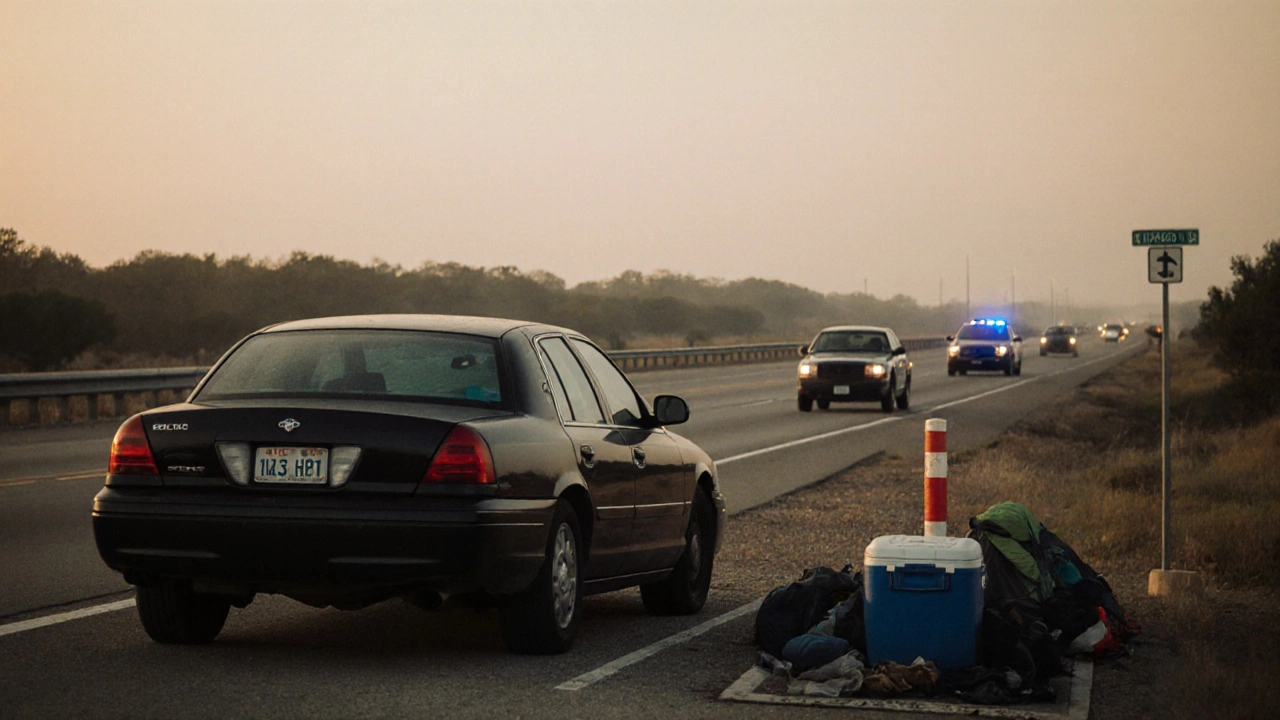 A vehicle at a highway rest area at dawn, clean and unobtrusive, with no camping gear visible.