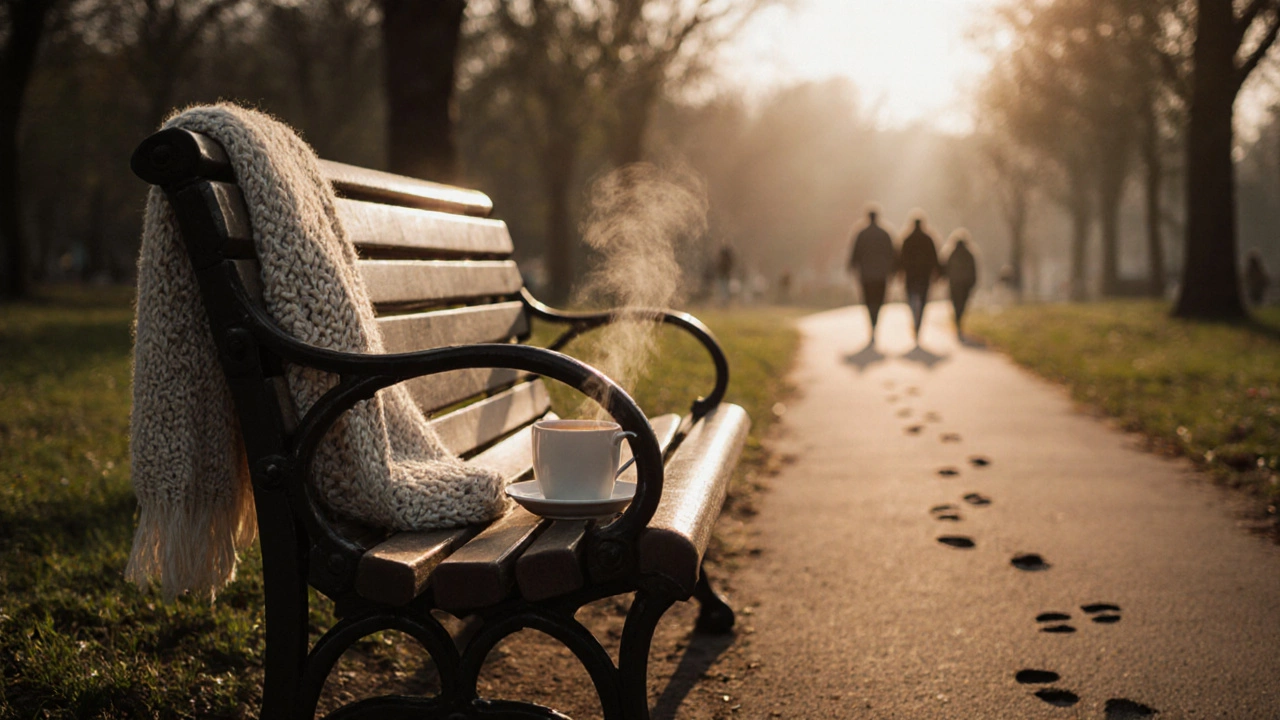 An empty park bench with a knitted scarf and steaming tea, waiting for someone.