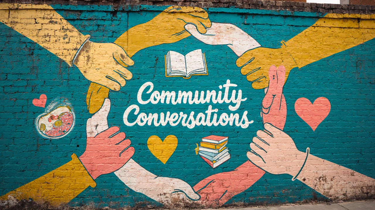 Colorful mural of interconnected hands and symbols with the words &#039;Community Conversations&#039;.