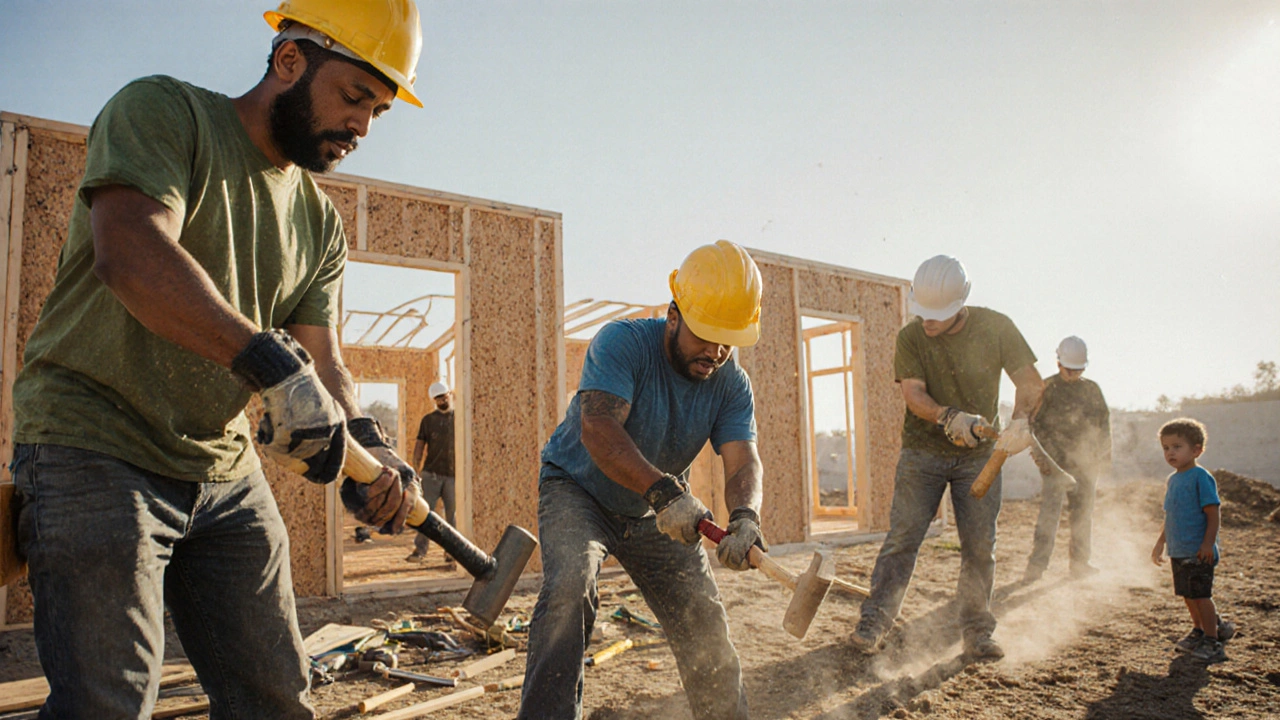 Diverse volunteers building a house alongside a future homeowner, tools and half-built walls in sunlight.