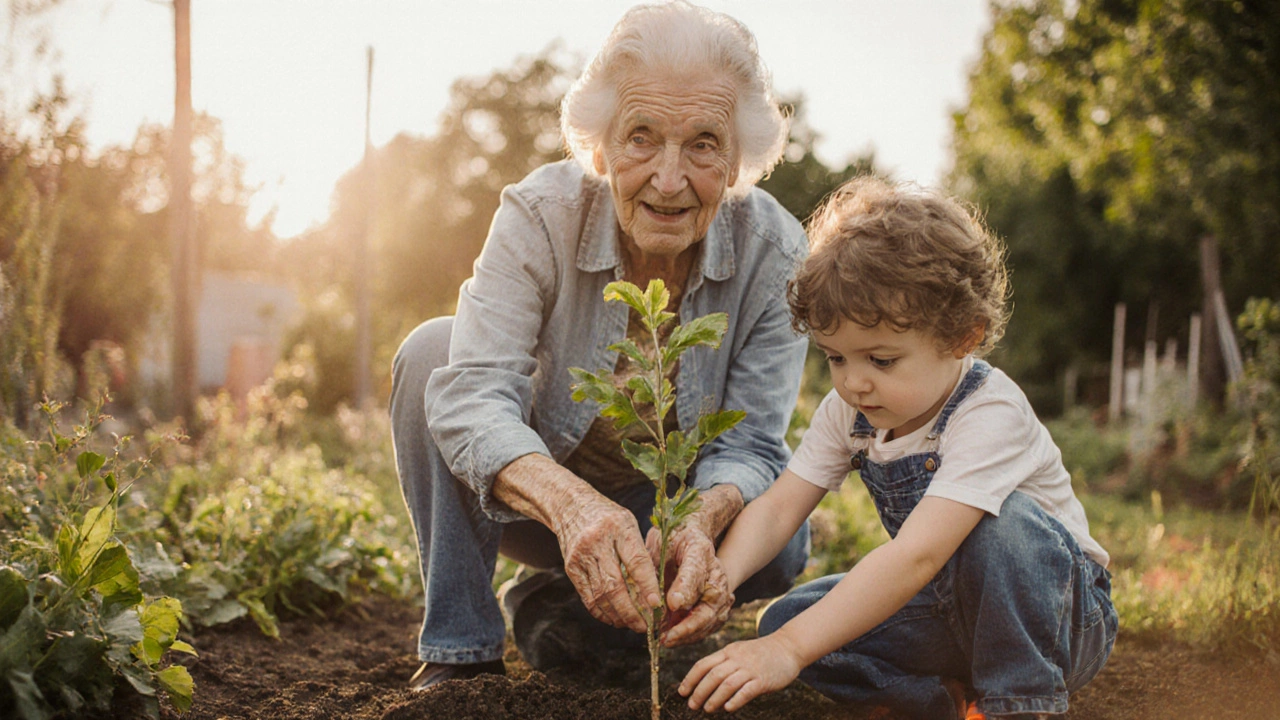 Elderly woman and child planting a tree together in a community garden.