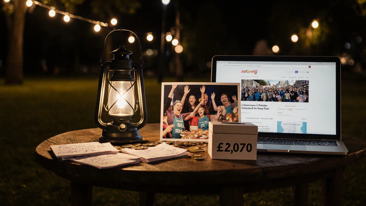 Nighttime table with thank-you notes, cash box, and event photos under string lights, showing fundraising success.